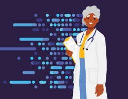 An illustration of a healthcare professional wearing a lab coat and carrying a clipboard.