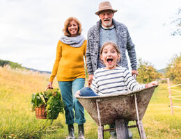 A man pushes a girl in a wheelbarrow; a woman walks with them and smiles.